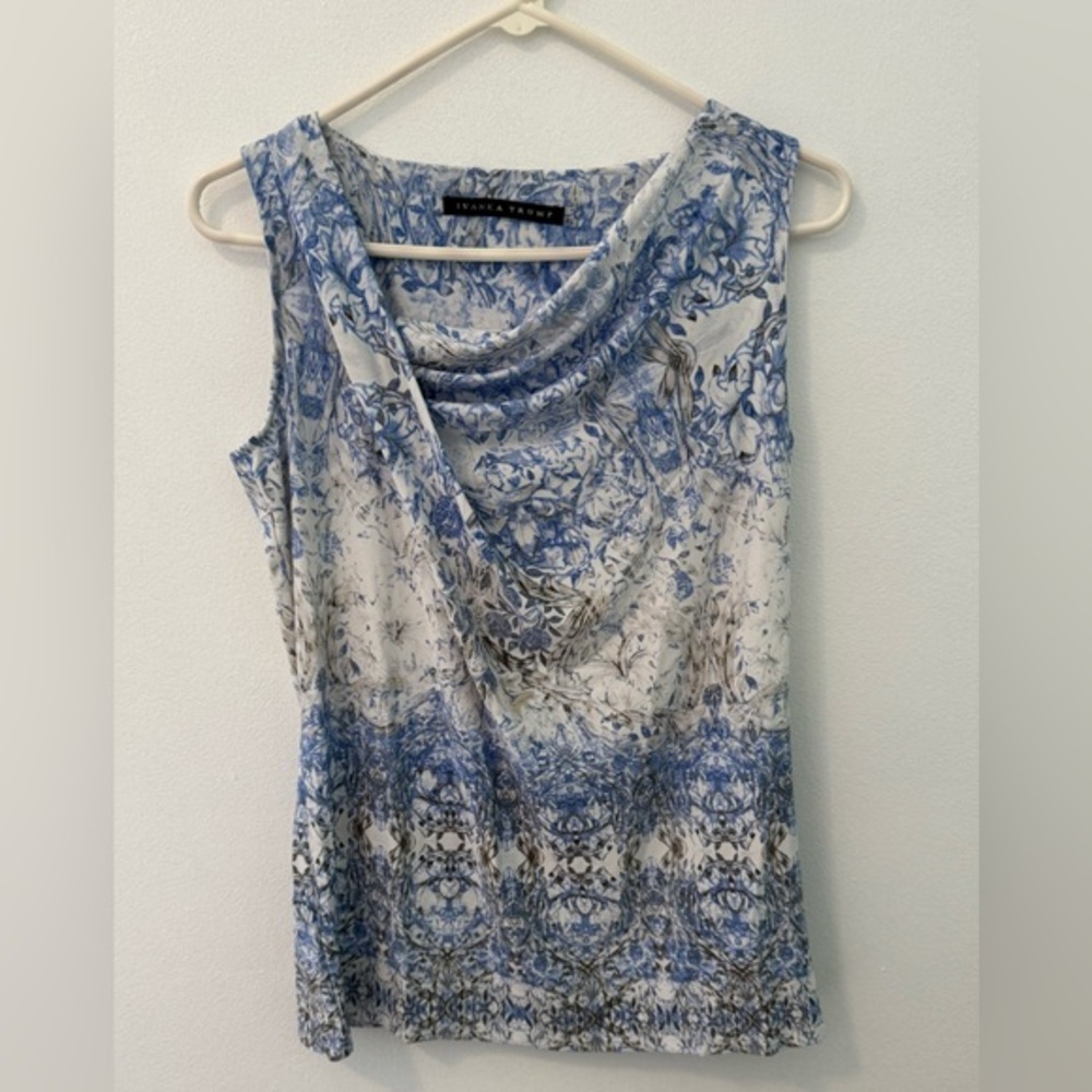 Ivanka Trump Blue Sleeveless Cowl Neck Floral Print Top Size XS